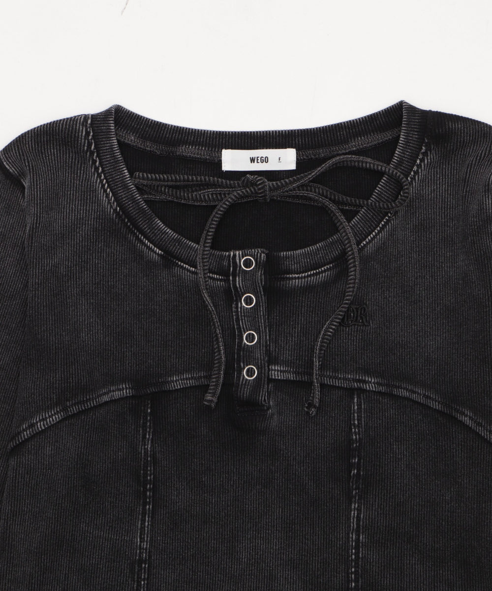 ヴィンテージウォッシュネックリボントップス