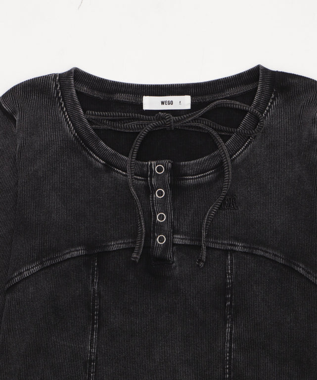 ヴィンテージウォッシュネックリボントップス