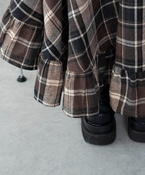 チェックアシンメトリーフリルロングスカート