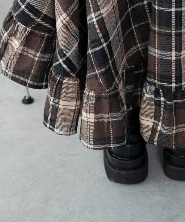 チェックアシンメトリーフリルロングスカート