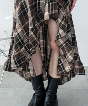 チェックアシンメトリーフリルロングスカート