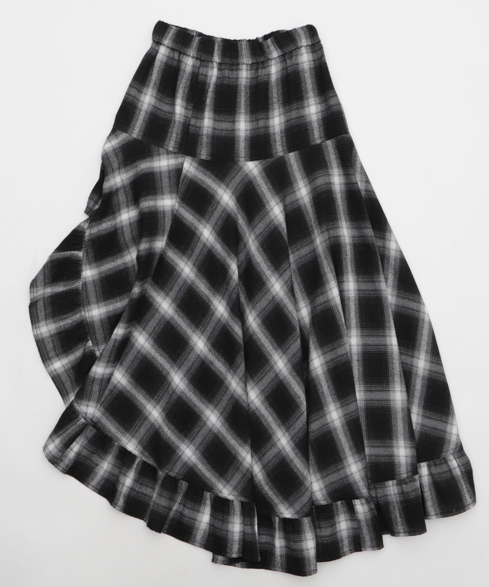 チェックアシンメトリーフリルロングスカート