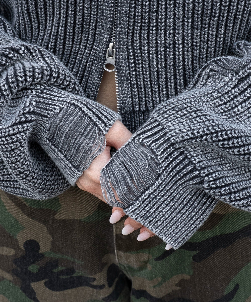 ダメージニットジップパーカー