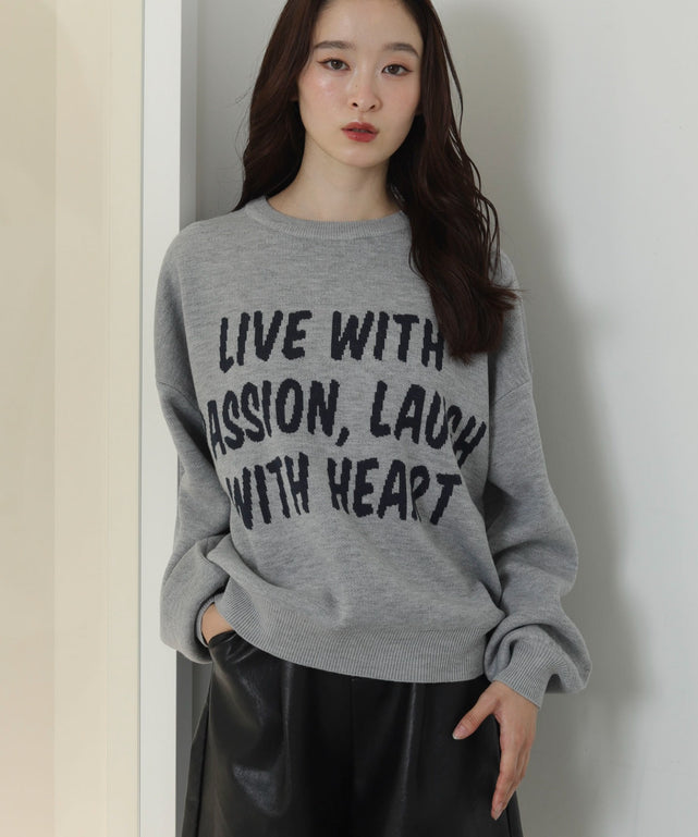 レタリングニットプルオーバー/杢グレー　モデル：163cm F着用