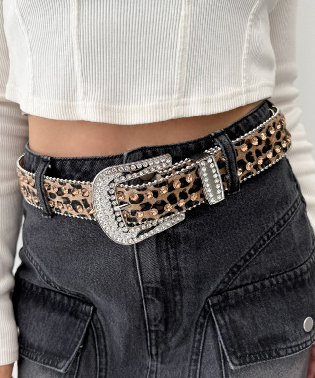 Lビジューラメシャギーベルト/柄1：ベージュレオパード