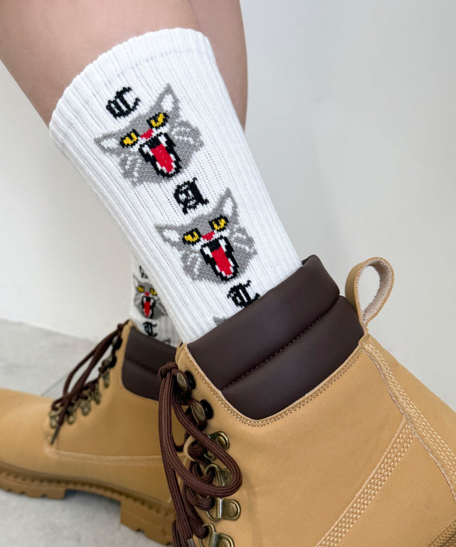 3連アニマルリブソックス（R）(25-27cm)/柄1：ネコ（ホワイト）