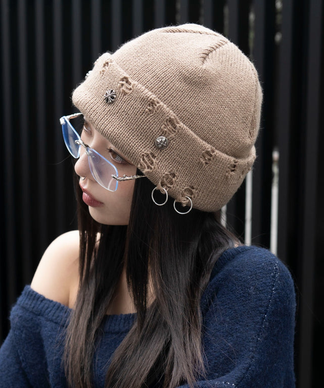 メタルチャームニットキャップ/ブラウン