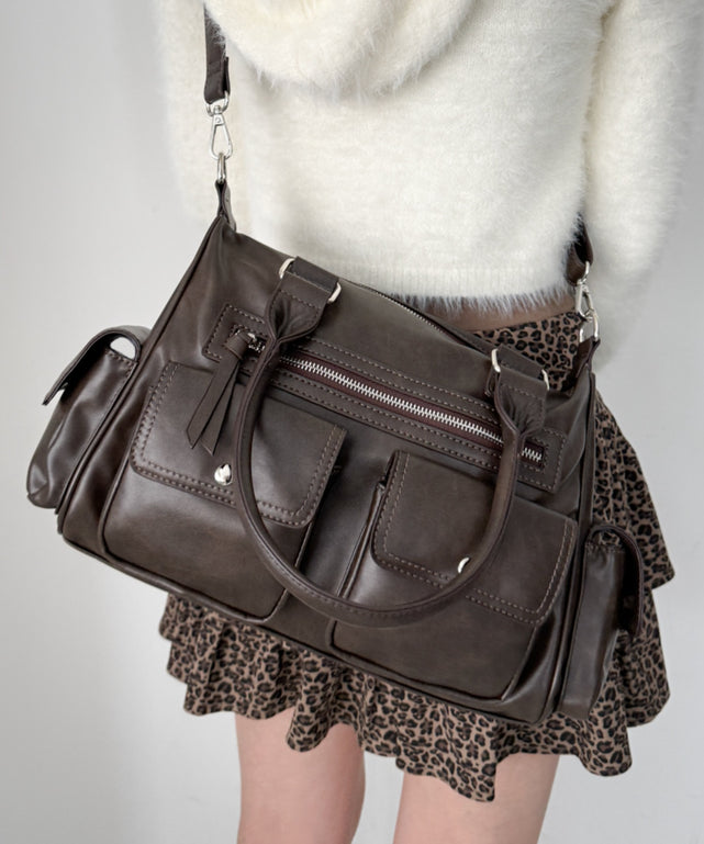 ポケットデザインボストンショルダー/ブラウン