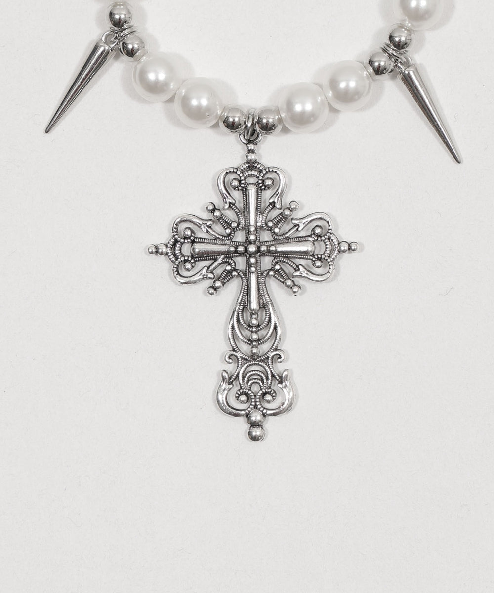 Lスタッズパールチェーンクロスネックレス