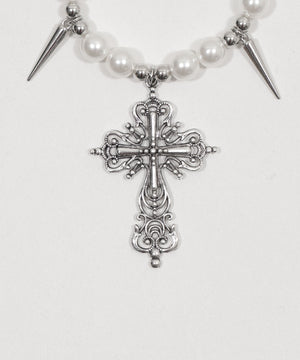 Lスタッズパールチェーンクロスネックレス