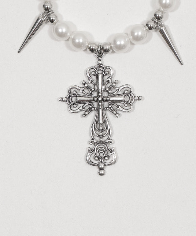 Lスタッズパールチェーンクロスネックレス