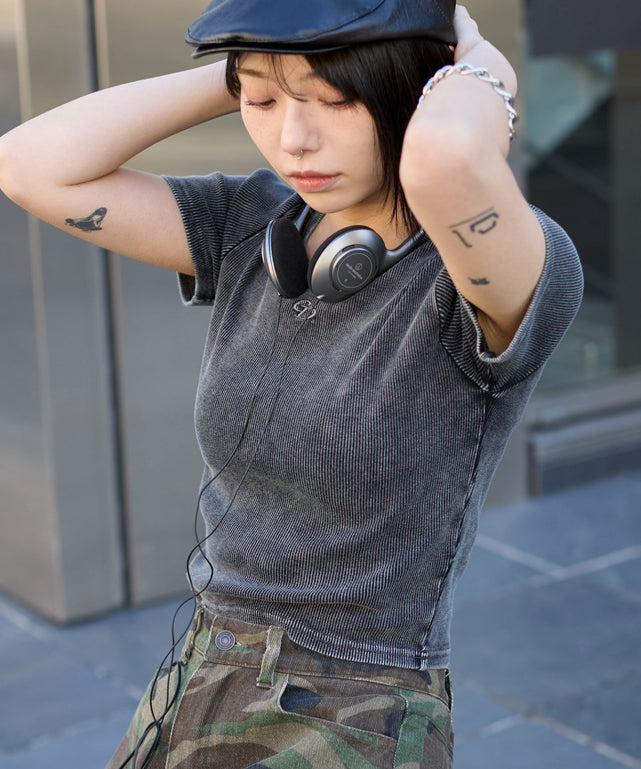 ヴィンテージウォッシュワンポイントリブT/スミクロ モデル:159cm F着用