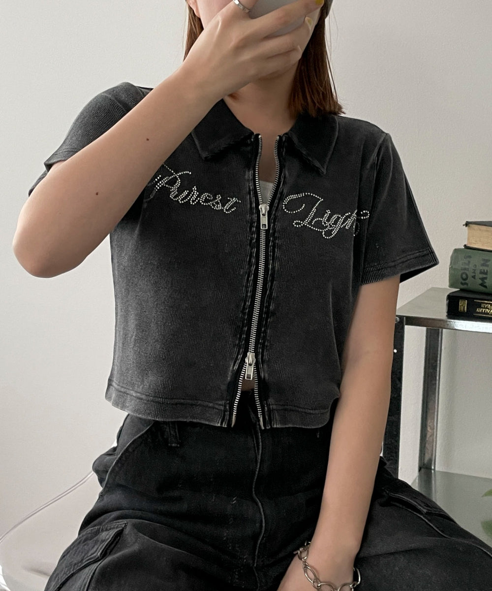 ラインストーンロゴWZIPトップス