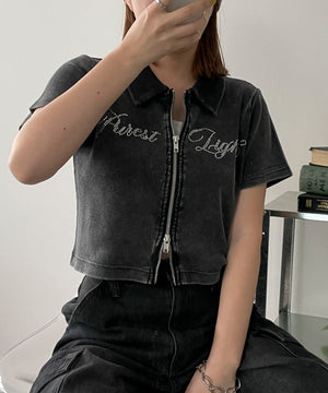 ラインストーンロゴWZIPトップス