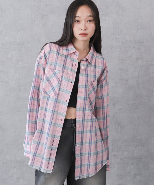 チェックBIGシャツ/ピンク モデル：161cm F着用