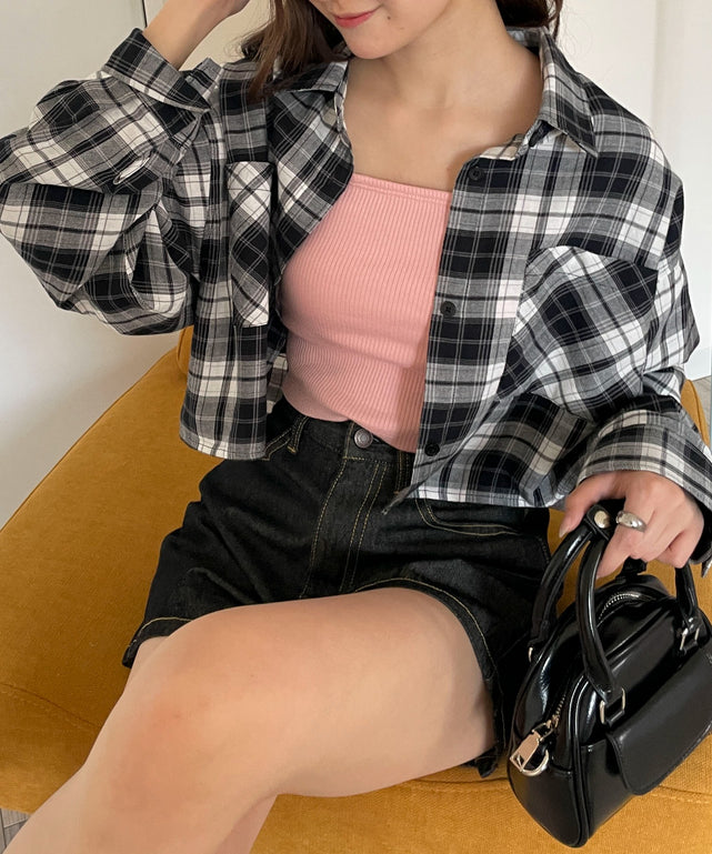 チェックショートシャツ/ブラック モデル：160cm F着用