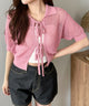 襟付きリボンメッシュショートカーデ/ピンク モデル：160cm F着用