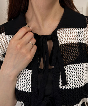 襟付きリボンメッシュショートカーデ