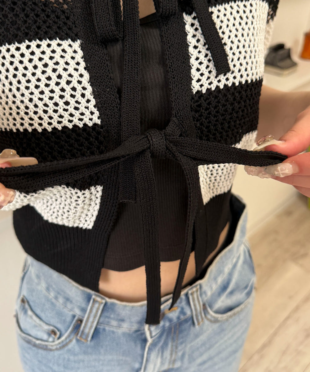 襟付きリボンメッシュショートカーデ