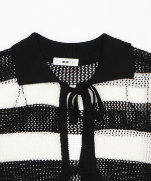 襟付きリボンメッシュショートカーデ