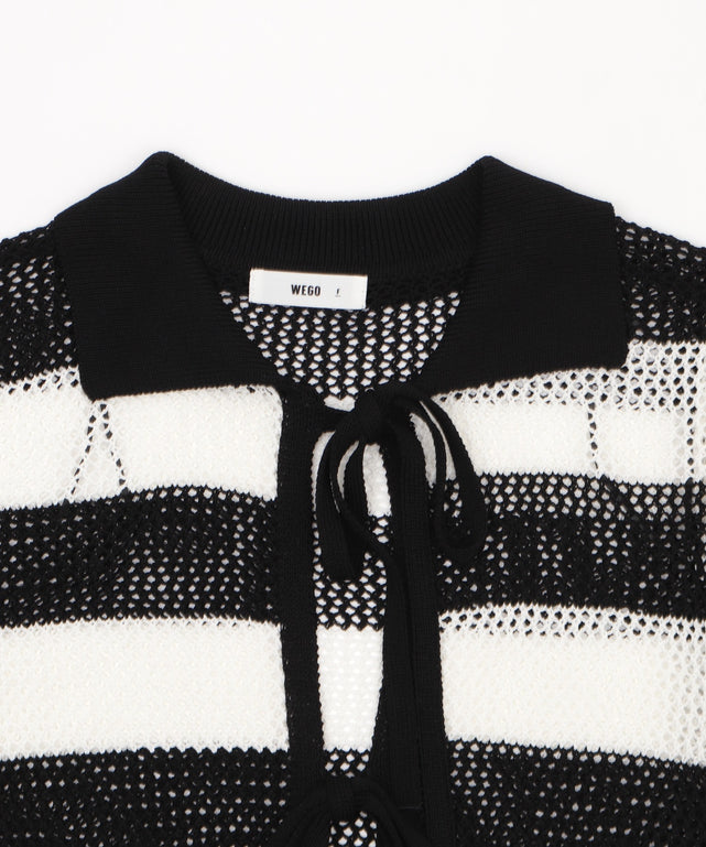 襟付きリボンメッシュショートカーデ