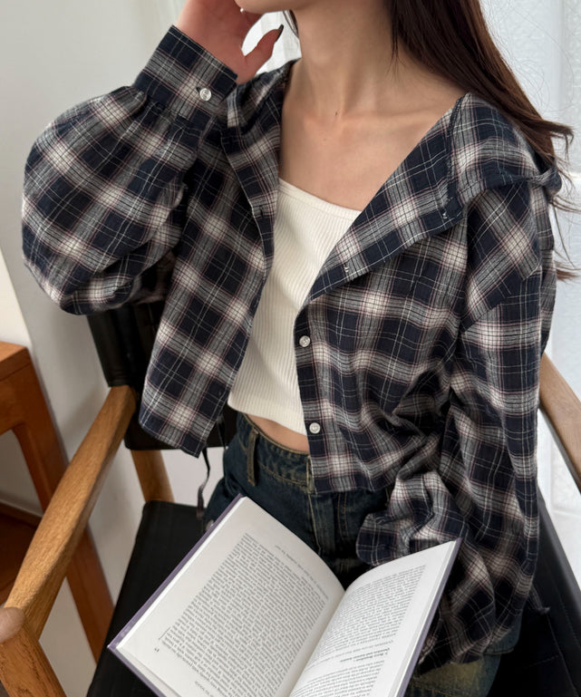 チェックショートフードシャツ/ネイビー モデル：158cm F着用