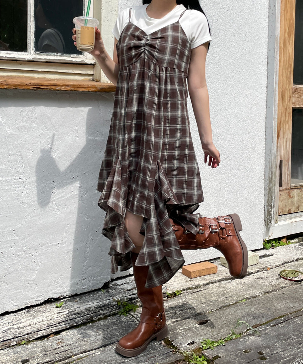ブラウンチェック1　モデル:155cm F着用