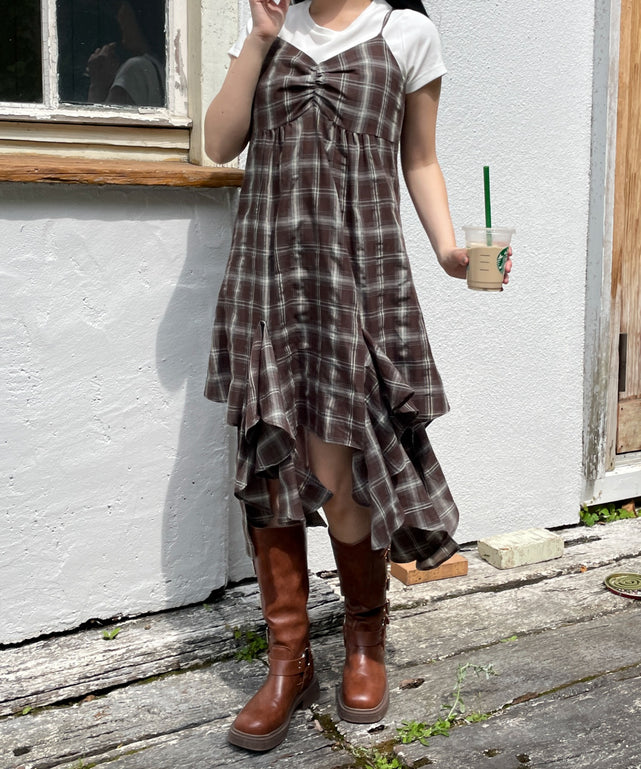 ブラウンチェック1　モデル:155cm F着用
