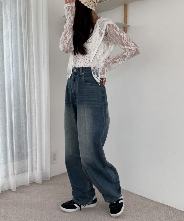 デニム中濃加工 モデル：158cm M着用