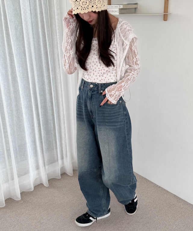 デニム中濃加工 モデル：158cm M着用