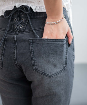 レースアップフリンジストレッチフレアデニムパンツ