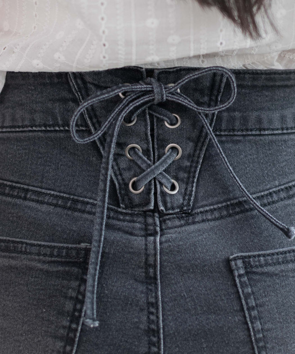 レースアップフリンジストレッチフレアデニムパンツ