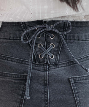 レースアップフリンジストレッチフレアデニムパンツ