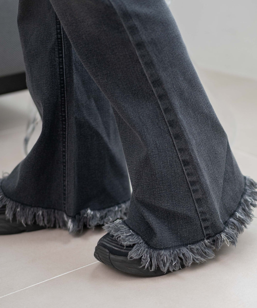 レースアップフリンジストレッチフレアデニムパンツ