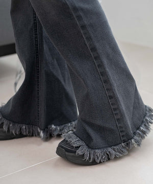レースアップフリンジストレッチフレアデニムパンツ
