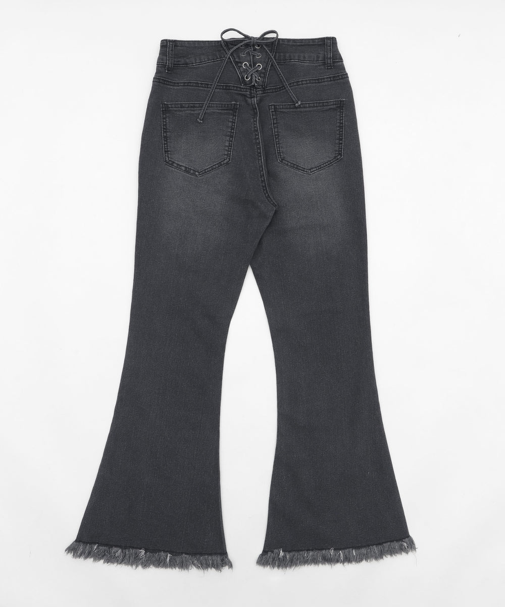 レースアップフリンジストレッチフレアデニムパンツ