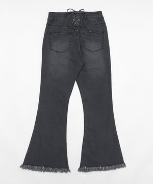 レースアップフリンジストレッチフレアデニムパンツ