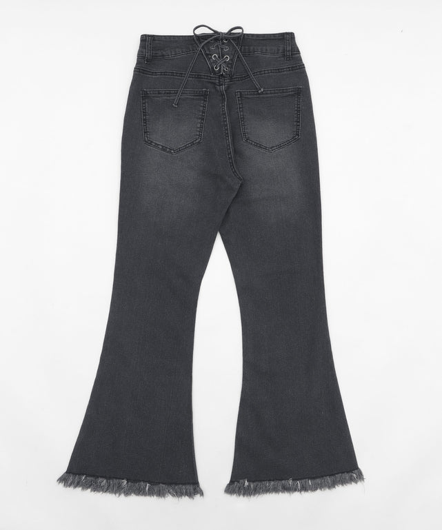 レースアップフリンジストレッチフレアデニムパンツ