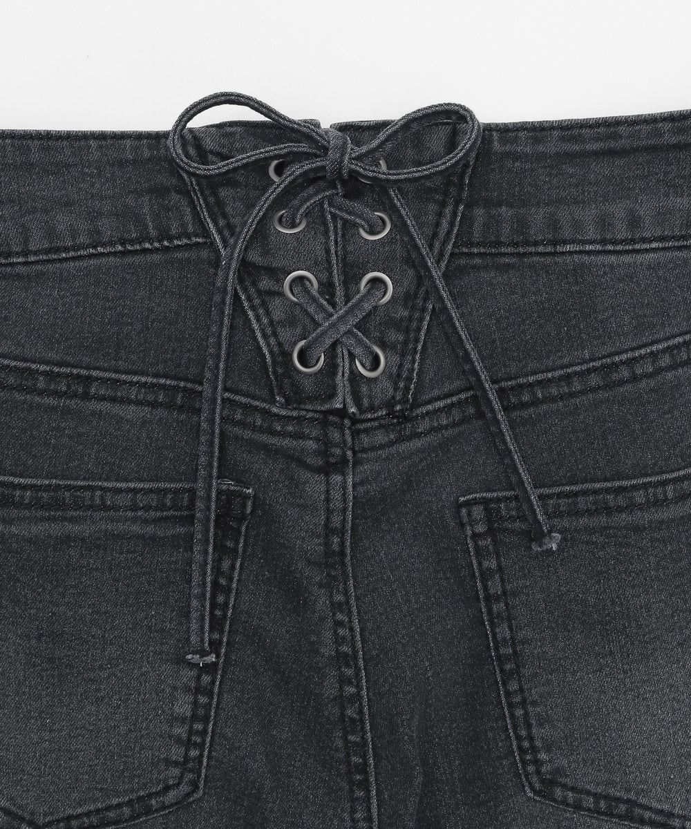 レースアップフリンジストレッチフレアデニムパンツ