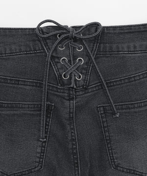 レースアップフリンジストレッチフレアデニムパンツ