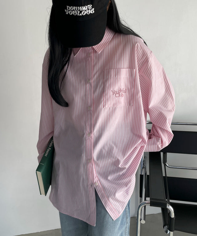 刺繍ストライプBIGシャツ/ピンク モデル：155cm F着用