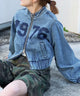 デニムショートバイカーブルゾン/デニム淡加工 モデル：155cm F着用