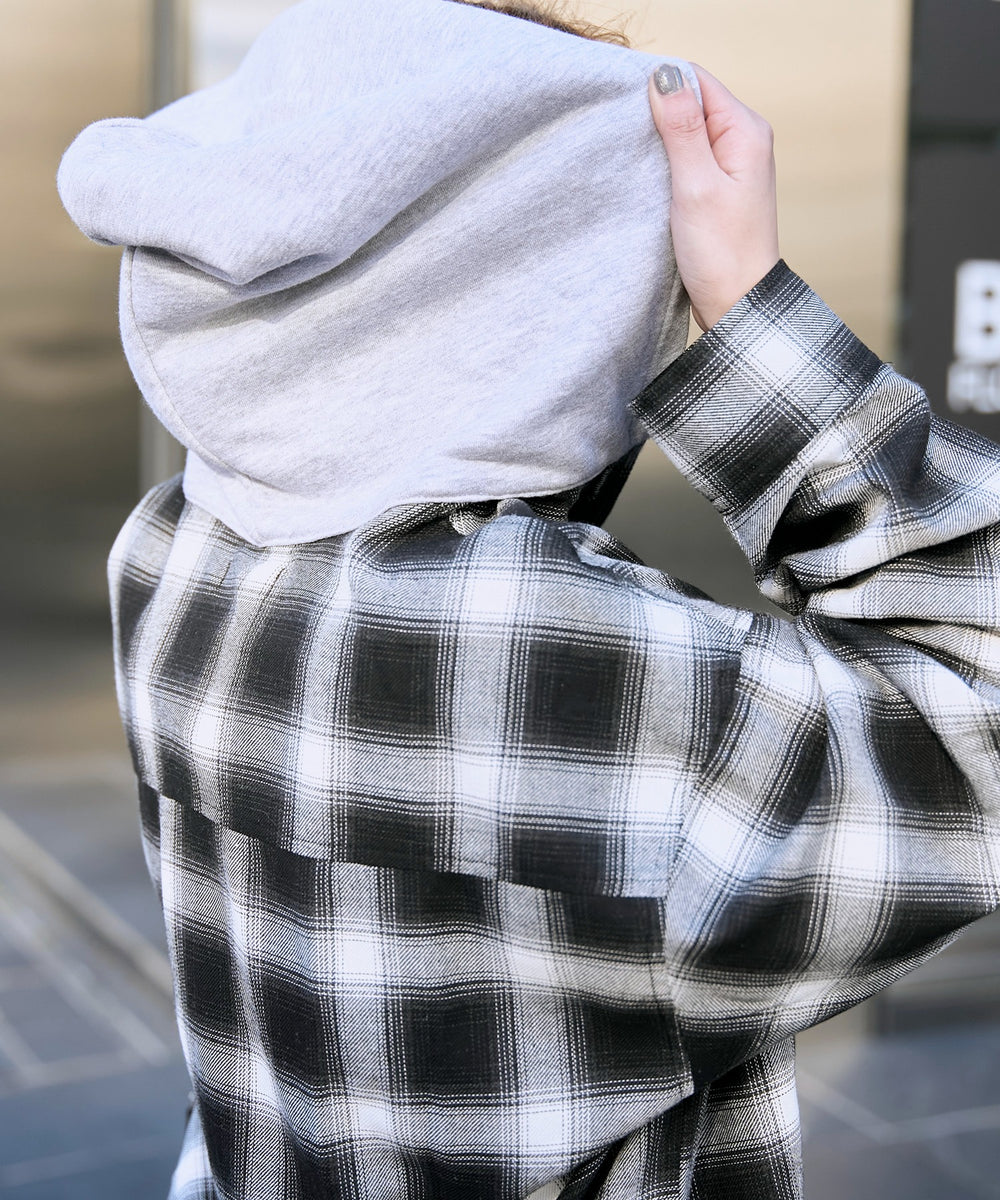 裏毛フードチェックシャツ