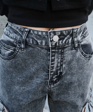 カットアウトリボンストレッチデニムフレアパンツ