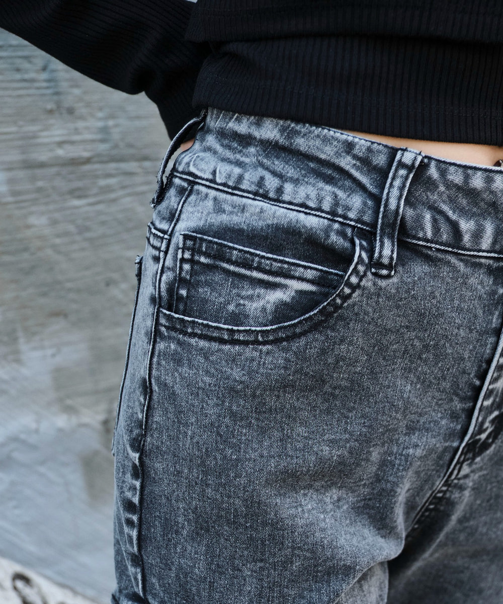 カットアウトリボンストレッチデニムフレアパンツ