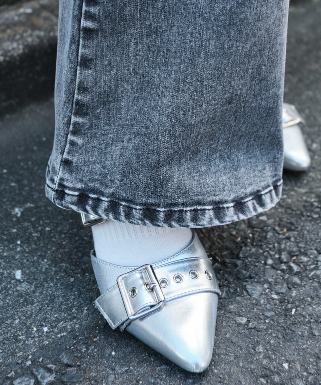 カットアウトリボンストレッチデニムフレアパンツ