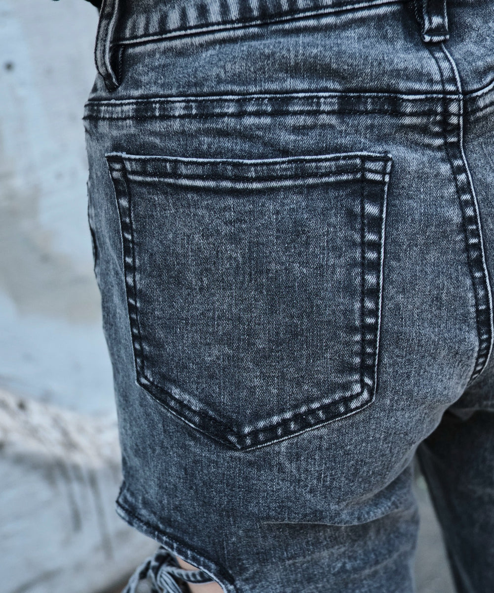 カットアウトリボンストレッチデニムフレアパンツ