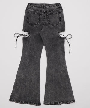 カットアウトリボンストレッチデニムフレアパンツ