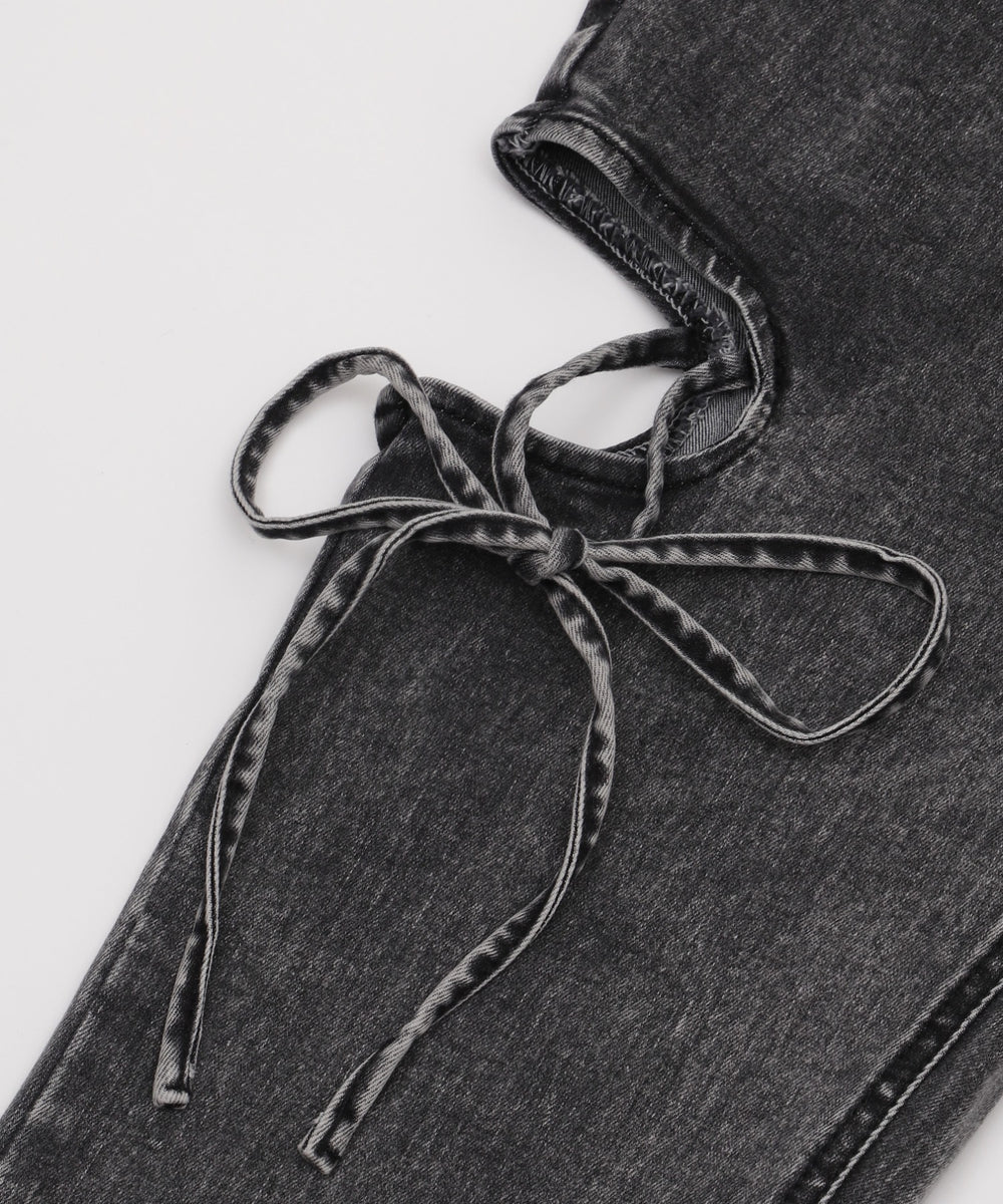 カットアウトリボンストレッチデニムフレアパンツ