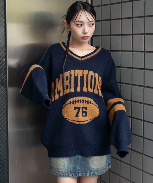 フラッフィーVネックニットBIGプルオーバー/ネイビー　モデル：159cm F着用